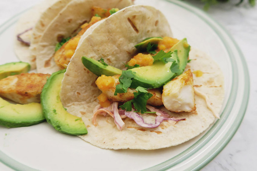 Fish Tacos with Homemade Coleslaw, Sliced Avocado & Pineapple Chilli Sauce