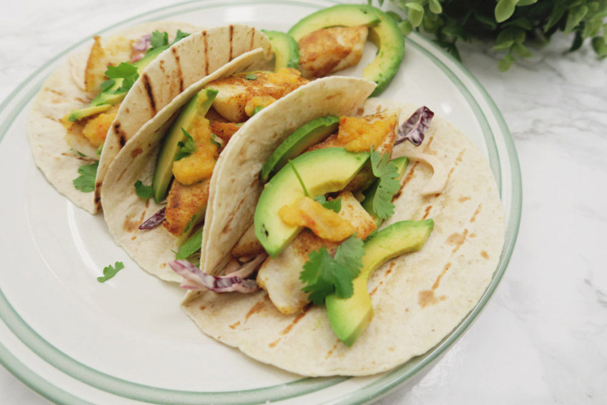 Fish Tacos with Homemade Coleslaw, Sliced Avocado & Pineapple Chilli Sauce