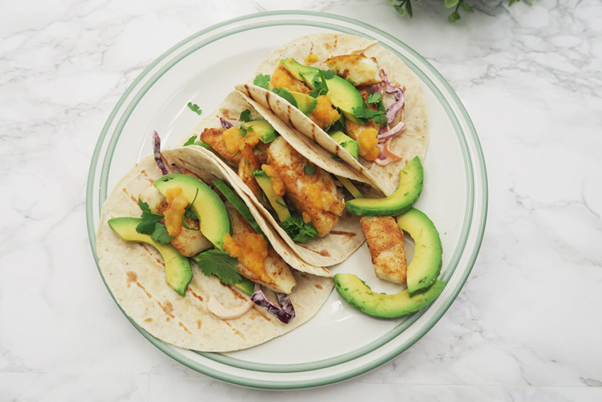 Fish Tacos with Homemade Coleslaw, Sliced Avocado & Pineapple Chilli Sauce