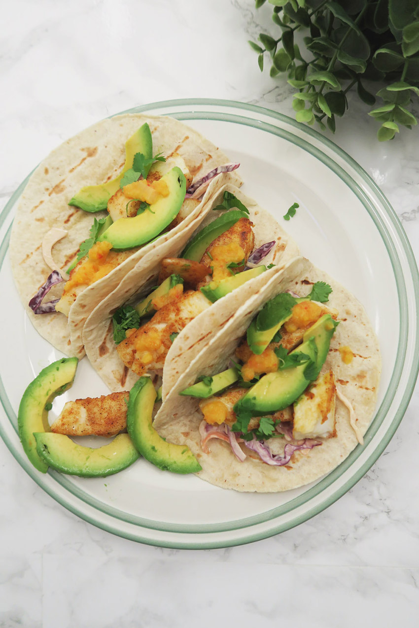 Fish Tacos with Homemade Coleslaw, Sliced Avocado & Pineapple Chilli Sauce