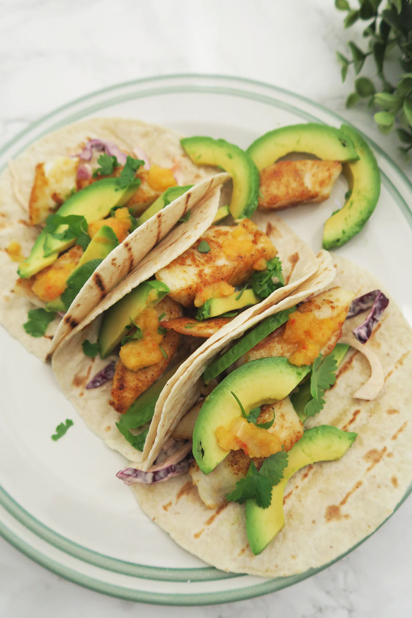 Fish Tacos with Homemade Coleslaw, Sliced Avocado & Pineapple Chilli Sauce