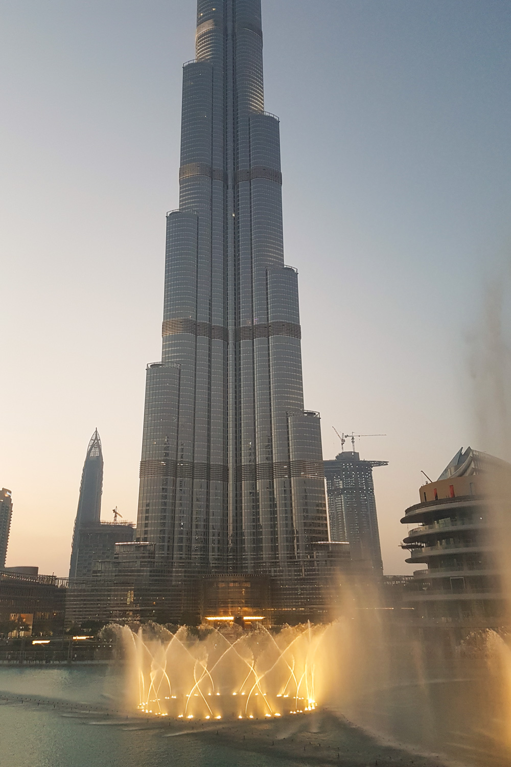 Dubai Fountain and Burj Khalifa at Sunset