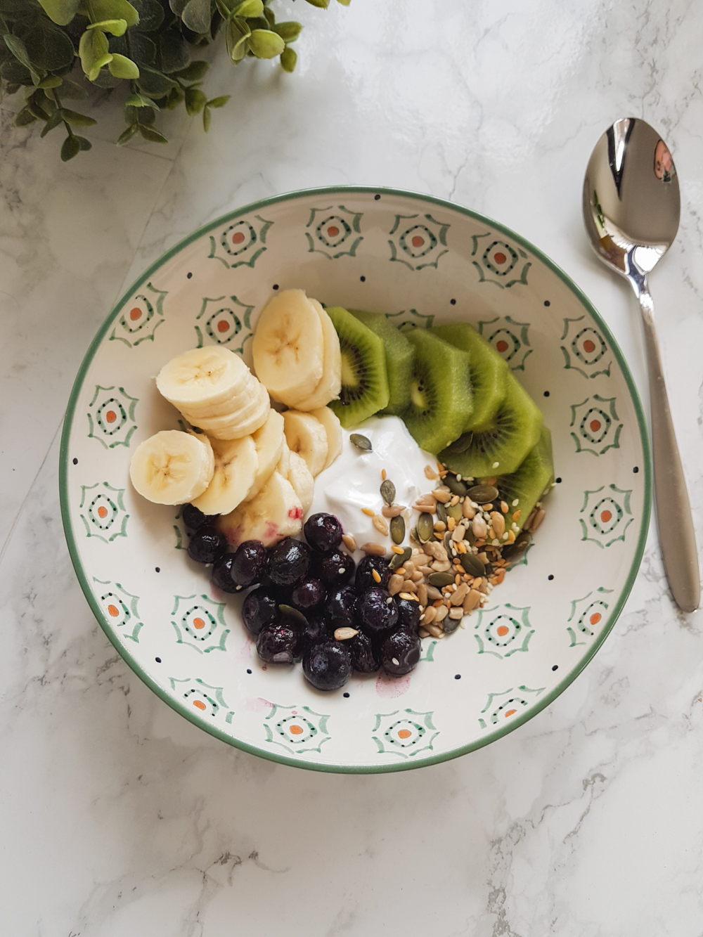 Vegan Breakfast Bowl - Banana, Kiwi, Seed Mix, Blueberries and Vegan Coconut Yogurt