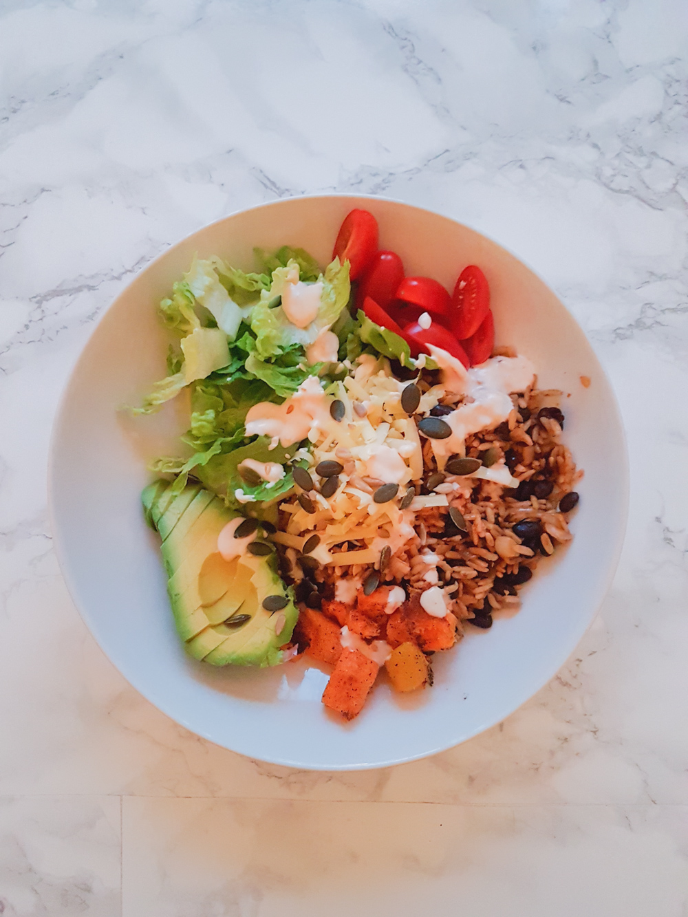 Vegan Burrito Bowl - Avocado, Lettuce, Tomatoes, Wholegrain Rice, Roasted Butternut Squash, Vegan Coconut Yogurt and Vegan Cheese