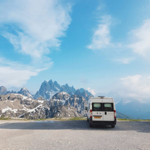 Campervan at the top of Tre Cime di Lavaredo in the Dolomites