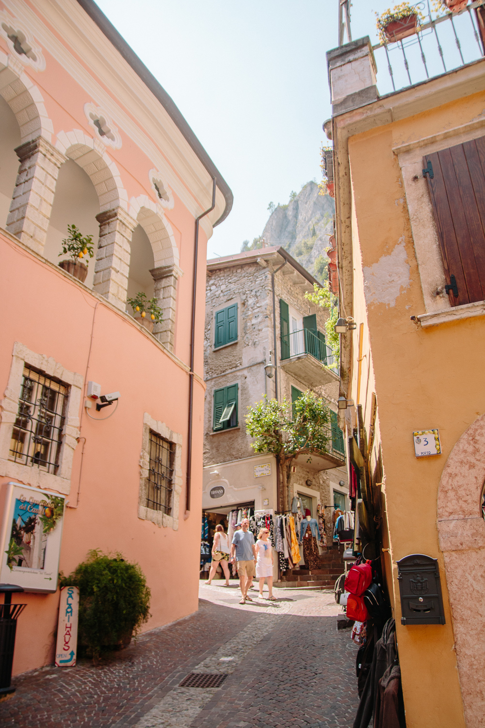 Peach and Yellow Coloured buildings on a street in Limone, Lake Garda