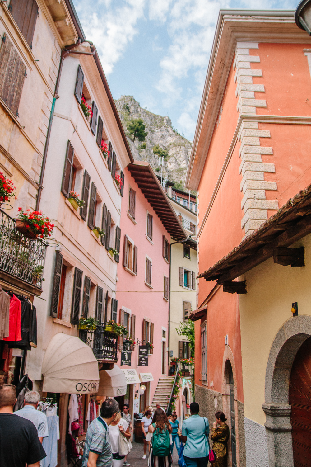 Peach and Yellow Coloured buildings on a street in Limone, Lake Garda