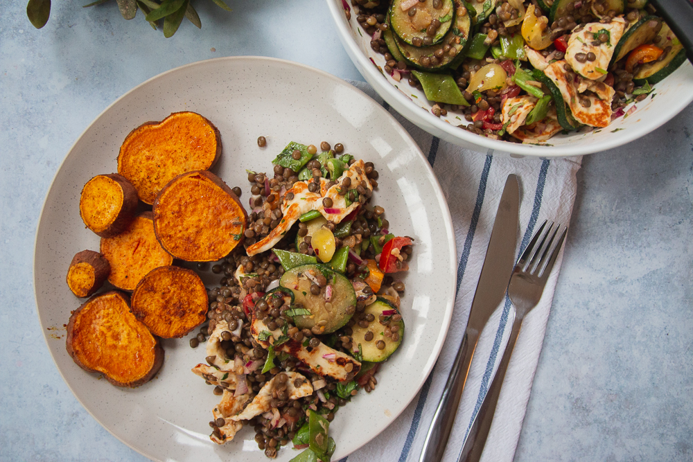 Summer Courgette, Lentil & Halloumi Salad, served with Roasted Sweet Potato Circles