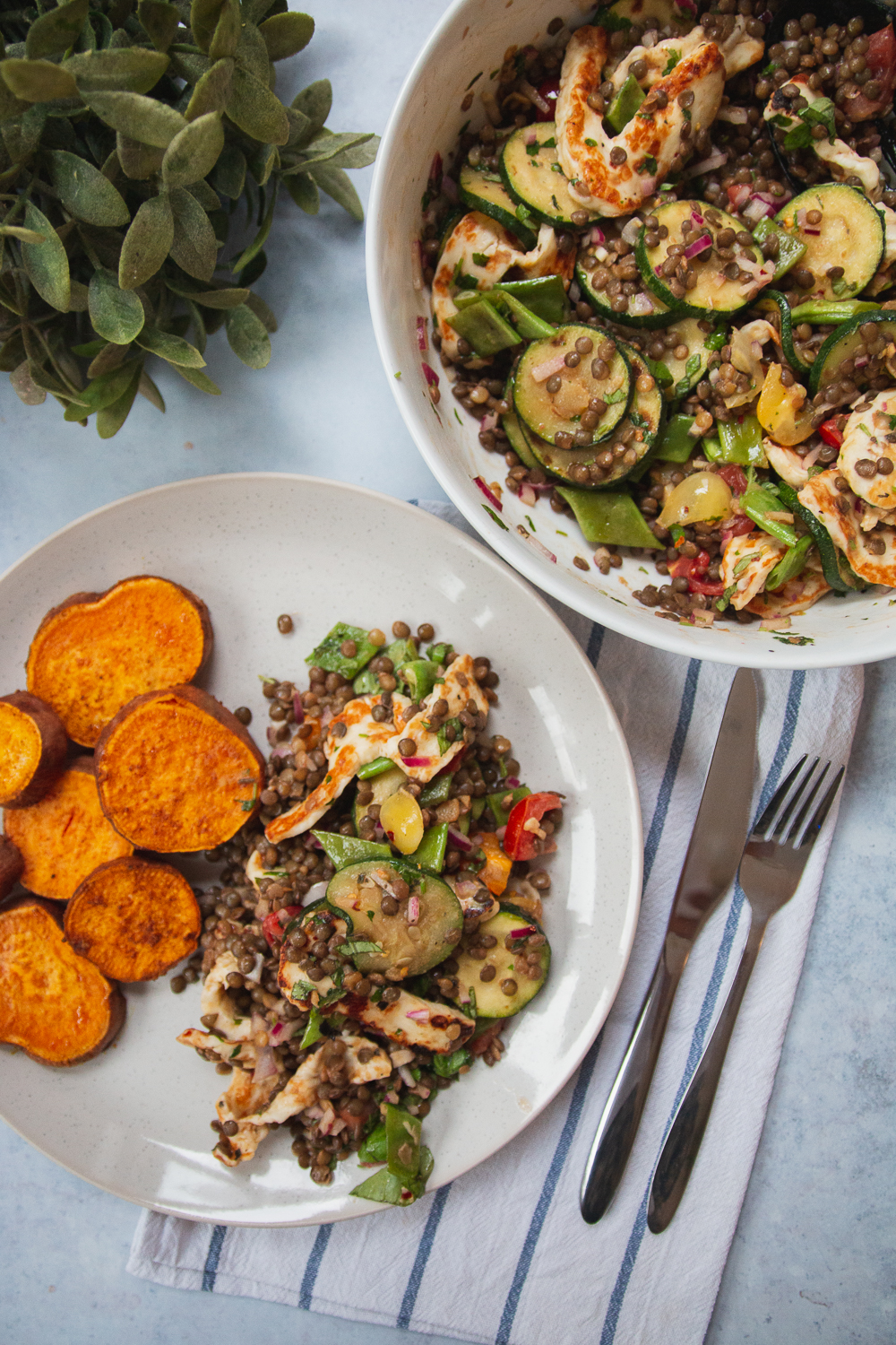Summer Courgette, Lentil & Halloumi Salad, served with Roasted Sweet Potato Circles